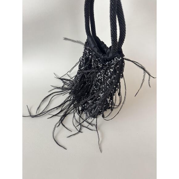 La Regale Beaded Evening Bag Womens One Size Black Feather Fringe Purse Party - Picture 6 of 11
